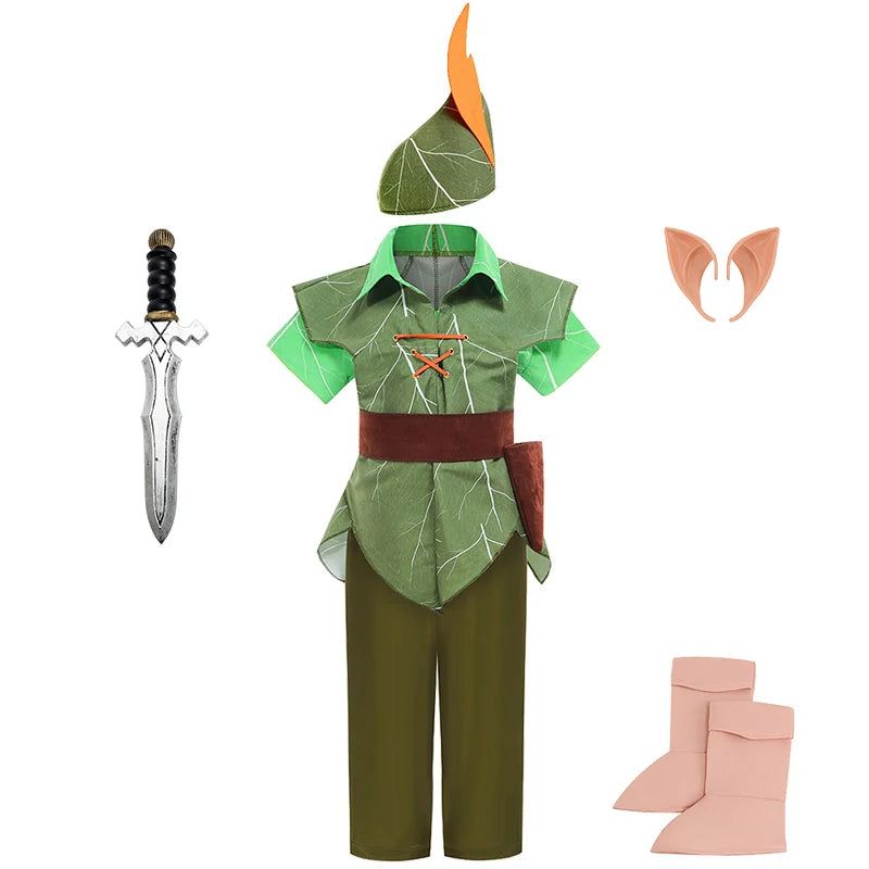 Peter Pan Prince Green Forest Elf Boys Outfit Halloween Cosplay Party Adventure Children Costume Fairy Tale Themed Kids Clothes