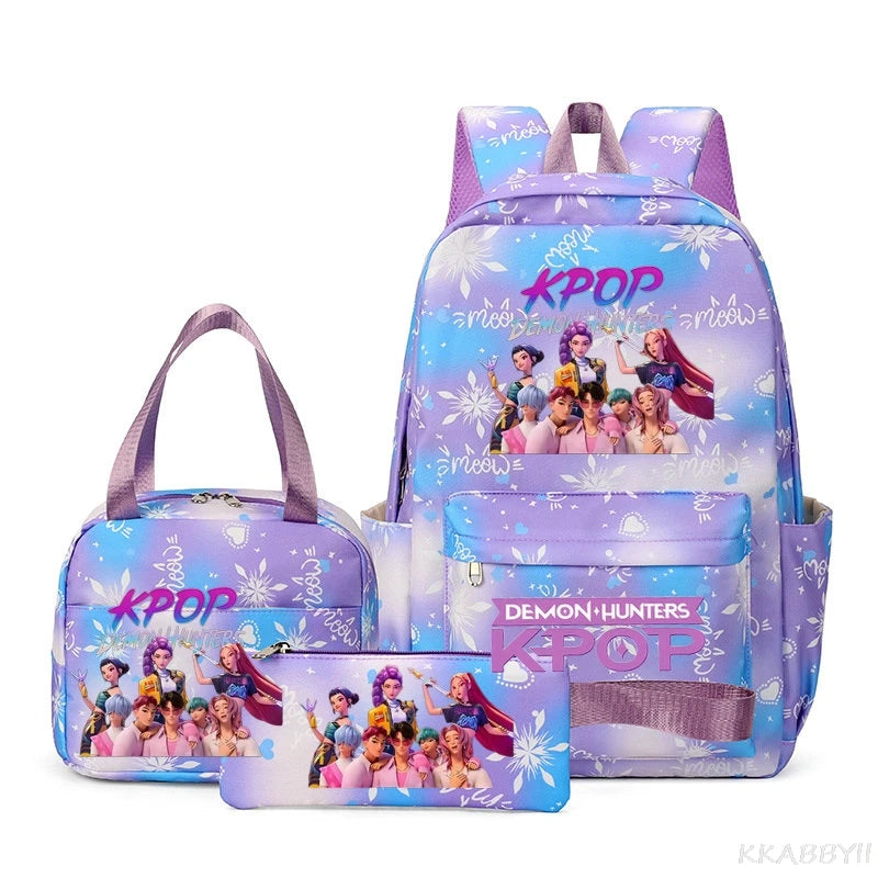 Fashion KPop Demon Hunters Backpacks 3pcs Rumi Mira Zoey HUNTR/ Boys School Bags For Women Girls Kawaii Capacity Mochilas