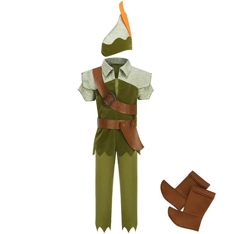 Peter Pan Prince Green Forest Elf Boys Outfit Halloween Cosplay Party Adventure Children Costume Fairy Tale Themed Kids Clothes