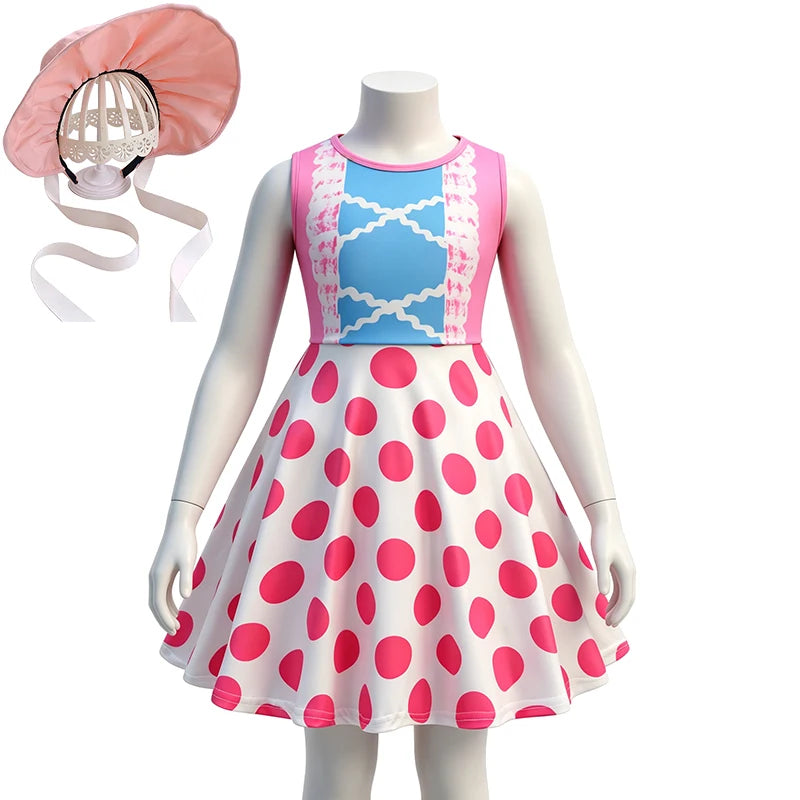 Hot Little Girls Polka Dot Sleeveless Princess Bo Peep Dress Halloween Cosplay Toy Movie Performance Carnival Party Kids Clothes