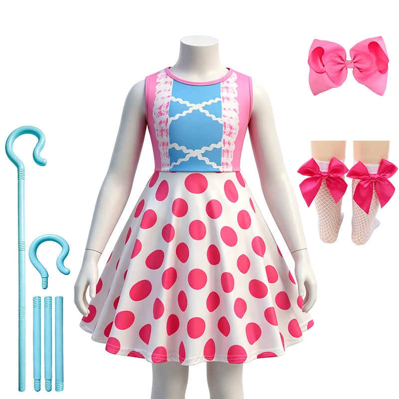 Hot Little Girls Polka Dot Sleeveless Princess Bo Peep Dress Halloween Cosplay Toy Movie Performance Carnival Party Kids Clothes