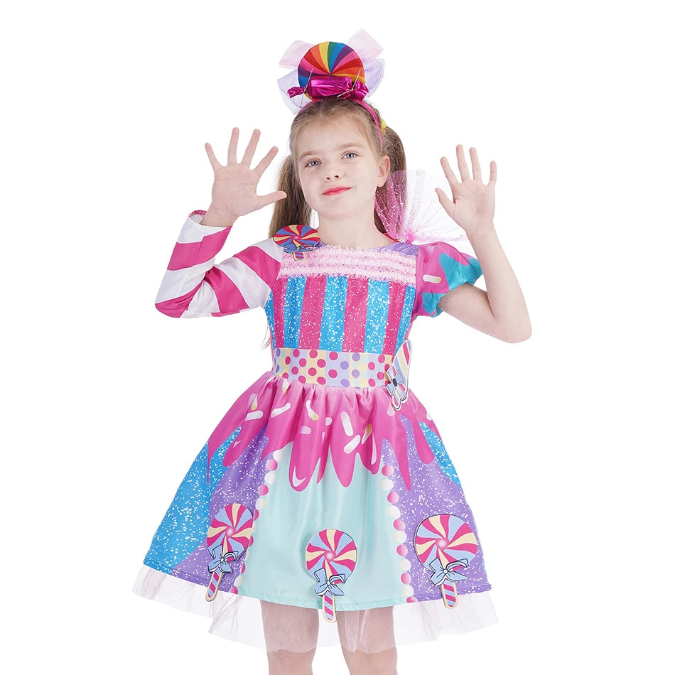 Girls Purim Festival Lollipop Costume Children's Puff Sleeve Candy Costume Kids Sweet Lollipop Print Birthday Party Dresses