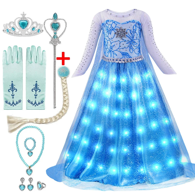 2025 LED Light Dresses Elsa for Girls Kids Cosplay Costumes Christmas Party Prom Gown Robe Play Clothes Princess Dress Up