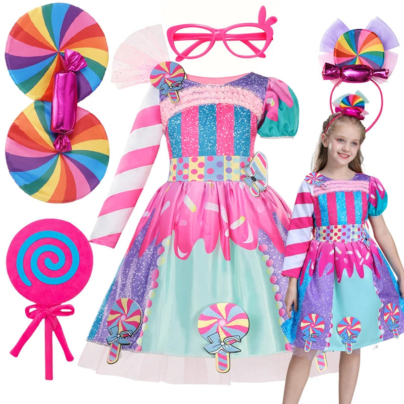 Girls Purim Festival Lollipop Costume Children's Puff Sleeve Candy Costume Kids Sweet Lollipop Print Birthday Party Dresses