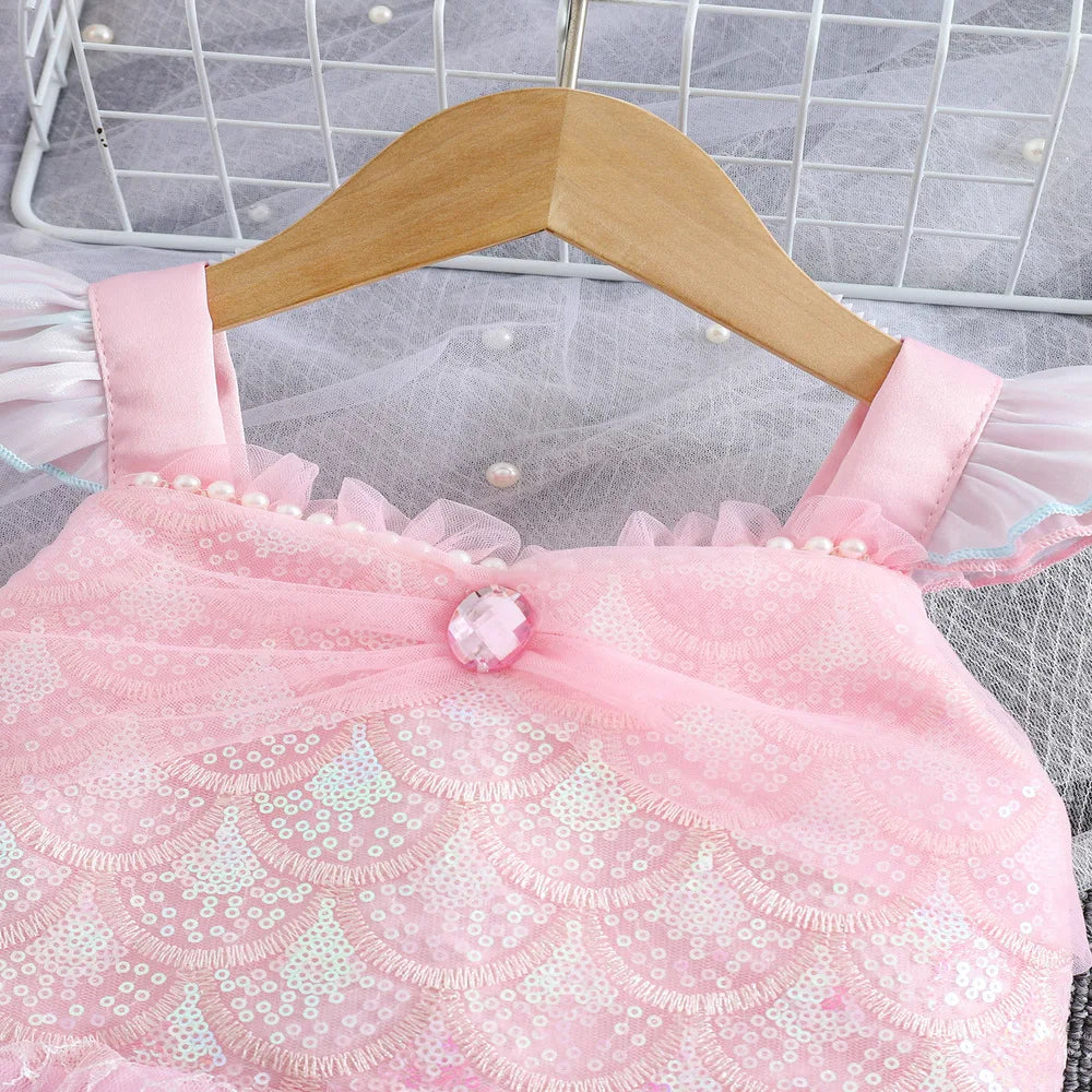 Sequin Performance Costume Girl Princess Dresses Sling Mesh Skirt Birthday Girl Dress Mermaid Themed Party Girl Clothes