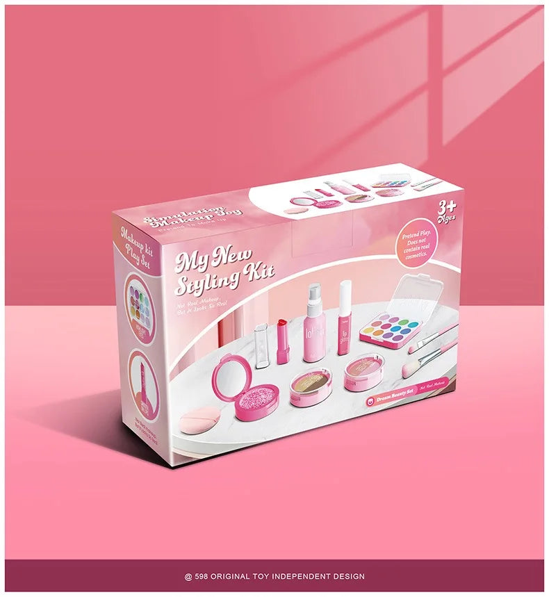 Girl’s pretend home make-up set: faux manicure, lip color, eye shadow, non-washable princess-themed cosmetics and toys.