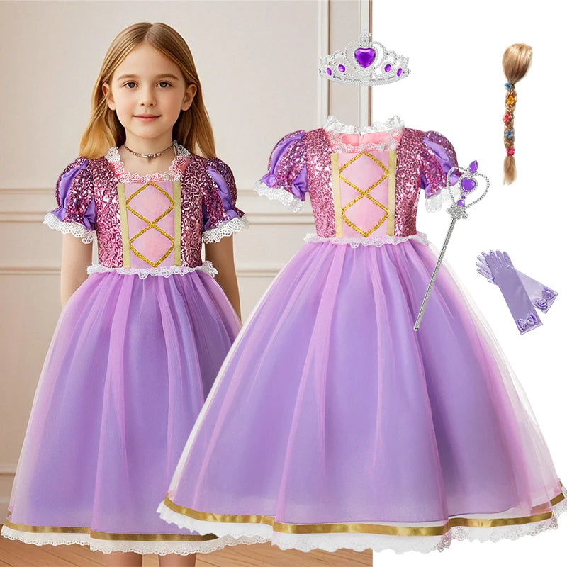 Girl Princess Purple Sequined Lace Skirt Kids Halloween Cosplay Tangled Costume Birthday Party Costume Mesh Bow Clothing 2025