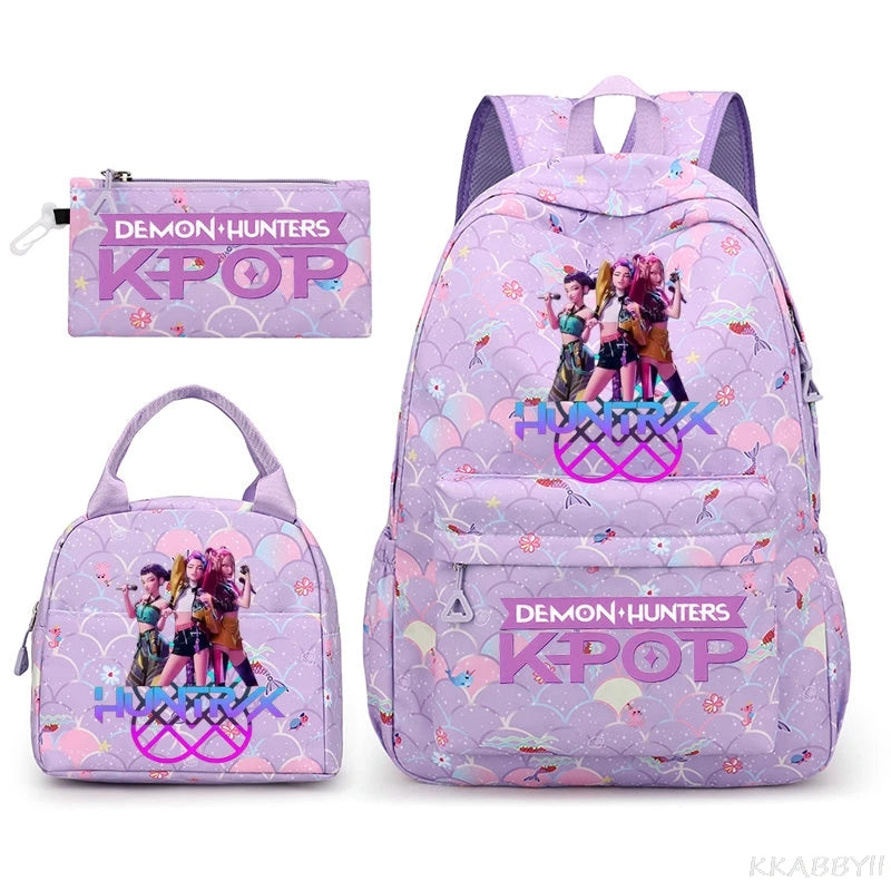Fashion KPop Demon Hunters Backpacks 3pcs Rumi Mira Zoey HUNTR/ Boys School Bags For Women Girls Kawaii Capacity Mochilas