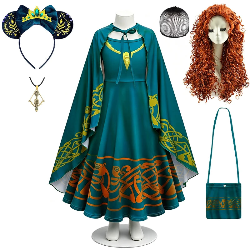 Brave Princess Merida Girls Outfit Halloween Cosplay Performance Themed Event Children Costume Carnival Party Fairy Kids Clothes