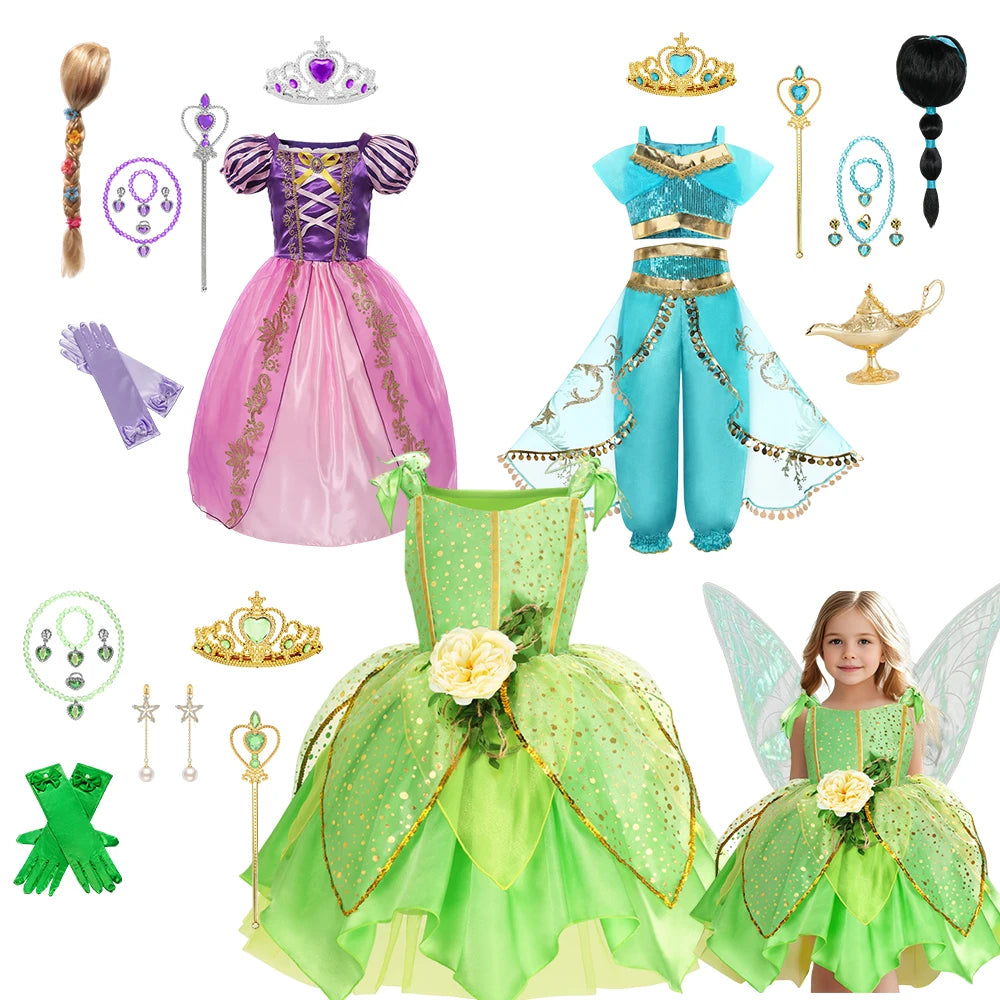Girls Jasmine Elf Dress Kids Cosplay Fancy Flowers Christmas Birthday Costume Carnival Disguise Princess Party Clothes 2-10T
