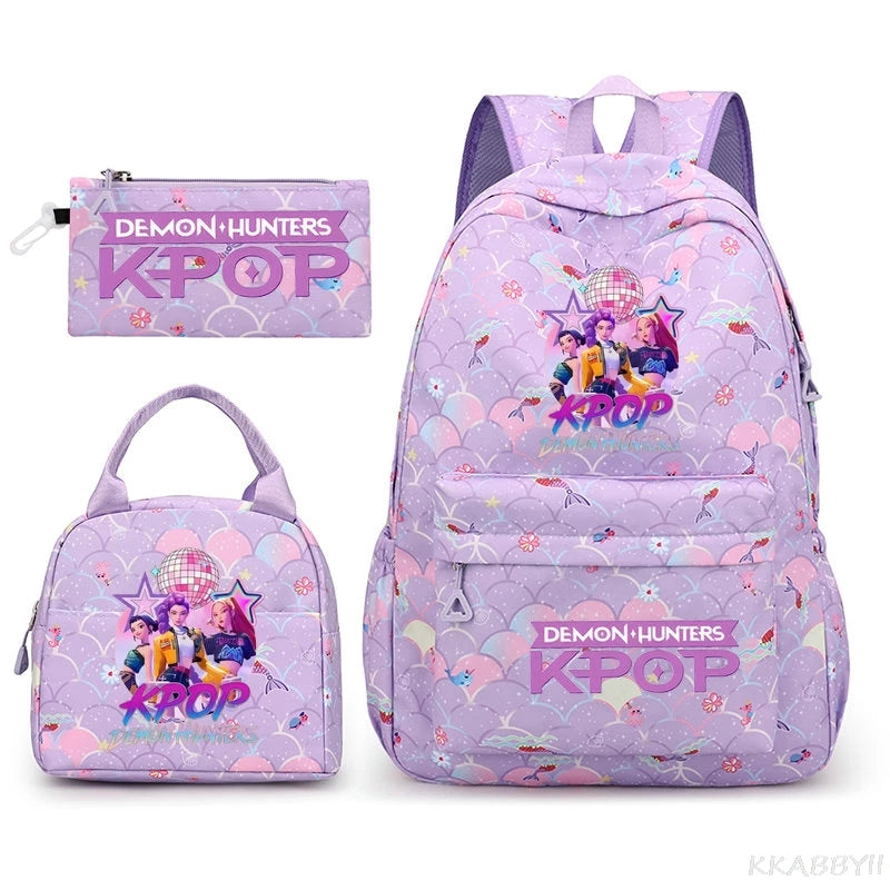 Fashion KPop Demon Hunters Backpacks 3pcs Rumi Mira Zoey HUNTR/ Boys School Bags For Women Girls Kawaii Capacity Mochilas