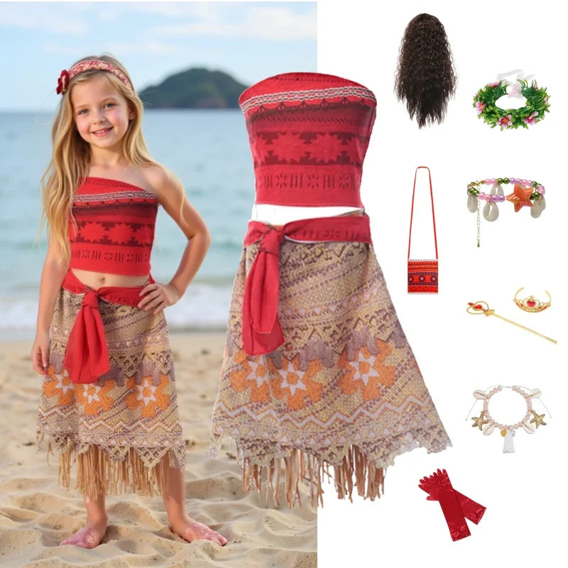 Girls Outfit Moana Cosplay Children's Costume Party Princess Dress Summer Casual Beach Dress Necklace Wig Set Party Dresses
