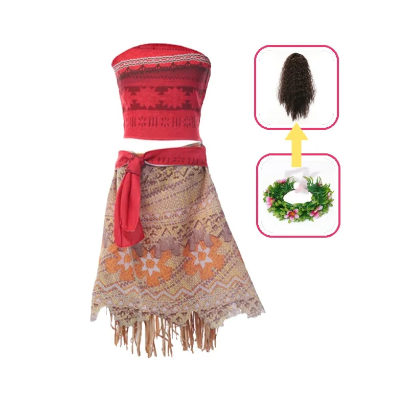 Girls Outfit Moana Cosplay Children's Costume Party Princess Dress Summer Casual Beach Dress Necklace Wig Set Party Dresses