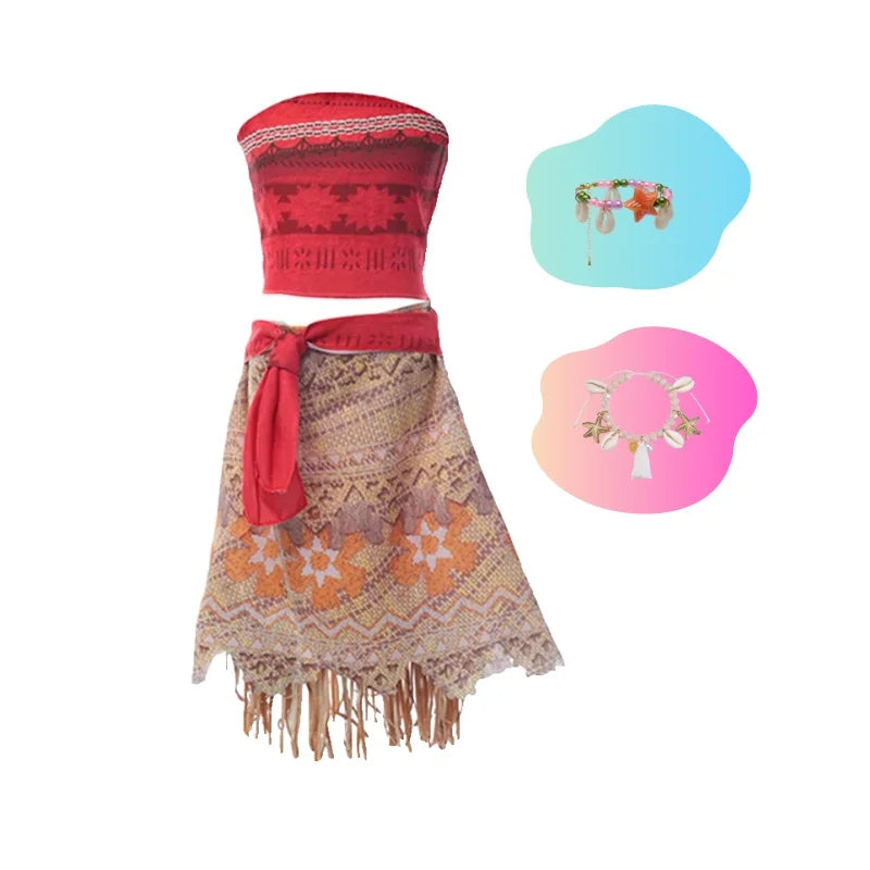 Girls Outfit Moana Cosplay Children's Costume Party Princess Dress Summer Casual Beach Dress Necklace Wig Set Party Dresses