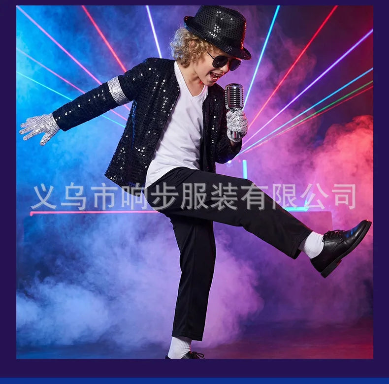 Kids Cosplay Dance Star Costume Set Metallic Shiny 80s 90s Stage Party Outfit Boy Girl Clothing Children Michael Jackson Costume