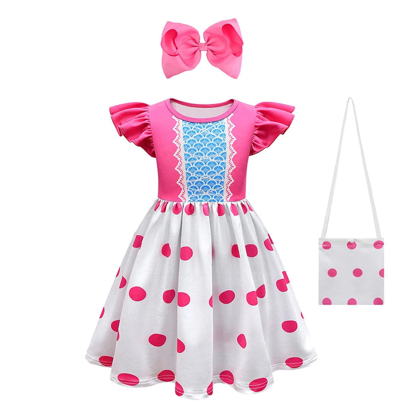 Fancy Little Girl Bo Peep Costume Pink Polka Dot Dress Halloween Cosplay Birthday Party Children's Costume Carnival Kids Clothes