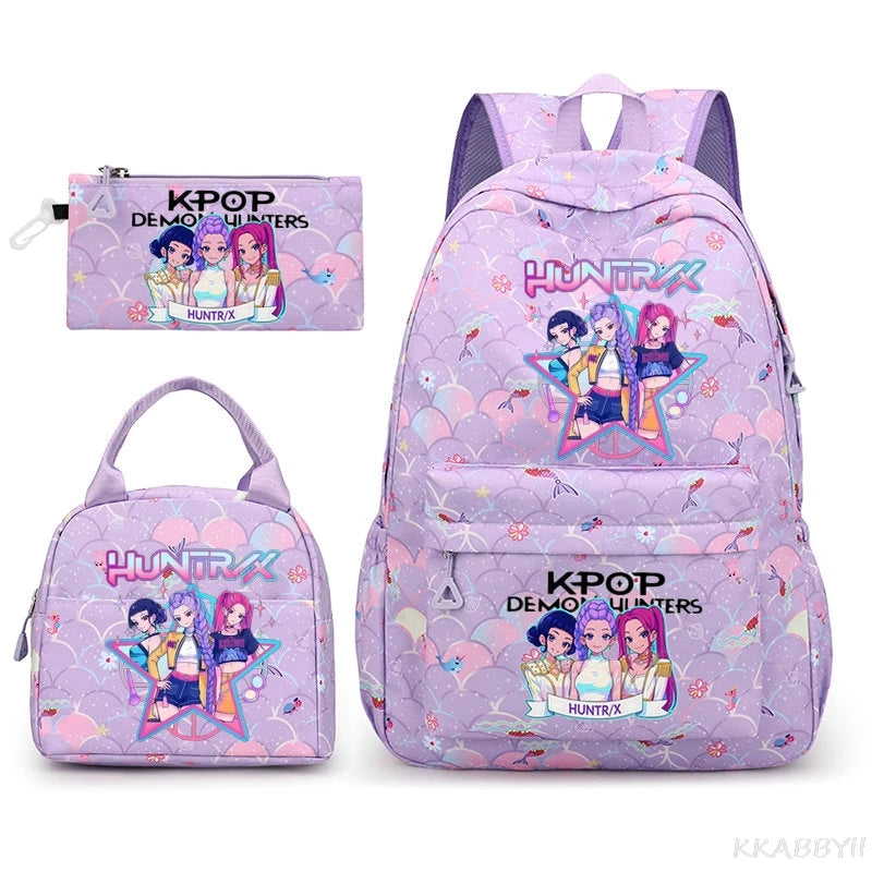 Fashion KPop Demon Hunters Backpacks 3pcs Rumi Mira Zoey HUNTR/ Boys School Bags For Women Girls Kawaii Capacity Mochilas