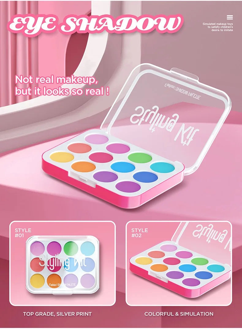 Girl’s pretend home make-up set: faux manicure, lip color, eye shadow, non-washable princess-themed cosmetics and toys.