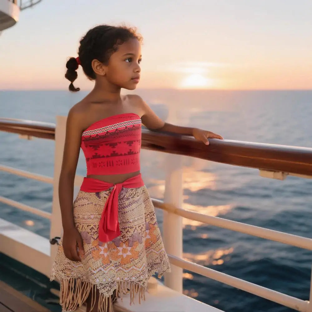 Girls Outfit Moana Cosplay Children's Costume Party Princess Dress Summer Casual Beach Dress Necklace Wig Set Party Dresses
