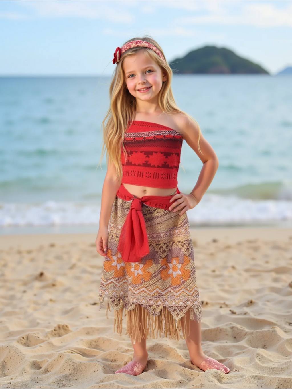 Girls Outfit Moana Cosplay Children's Costume Party Princess Dress Summer Casual Beach Dress Necklace Wig Set Party Dresses