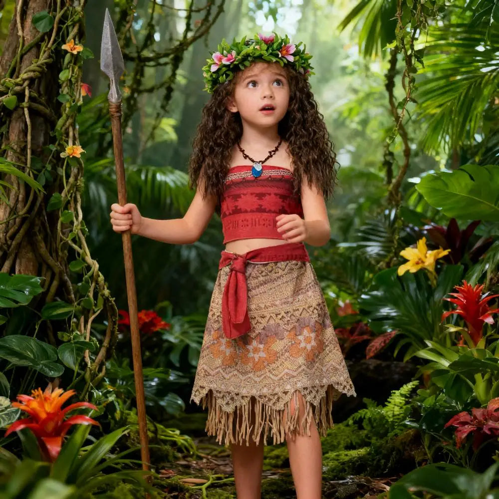 Summer Moana Girl Cosplay Party Dress Children Princess Carnival Christmas Dress With Wig Necklace Wreath Pig Chicken Doll