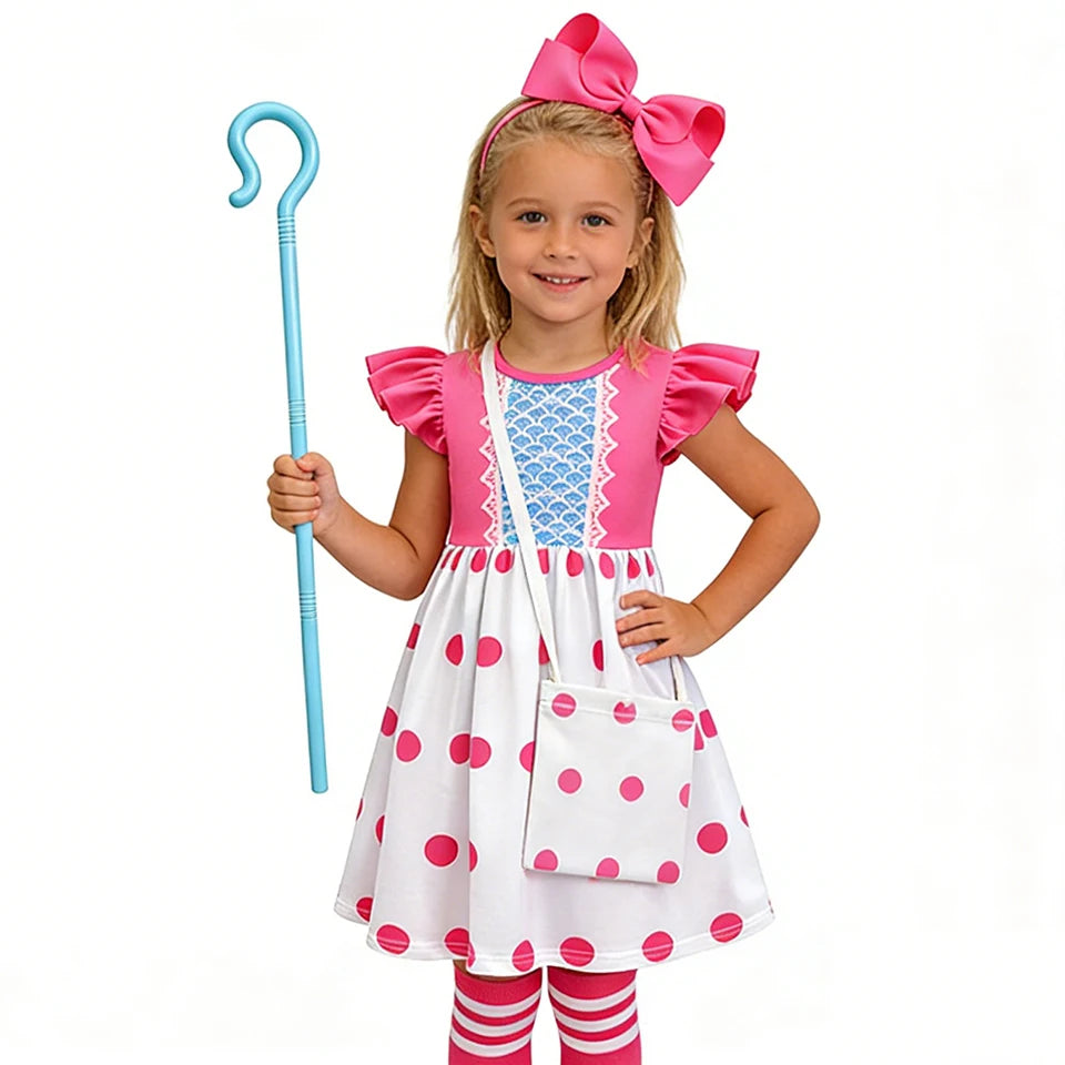 Fancy Little Girl Bo Peep Costume Pink Polka Dot Dress Halloween Cosplay Birthday Party Children's Costume Carnival Kids Clothes