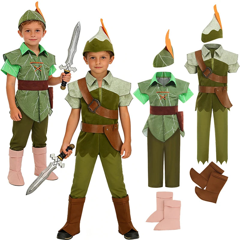 Peter Pan Prince Green Forest Elf Boys Outfit Halloween Cosplay Party Adventure Children Costume Fairy Tale Themed Kids Clothes