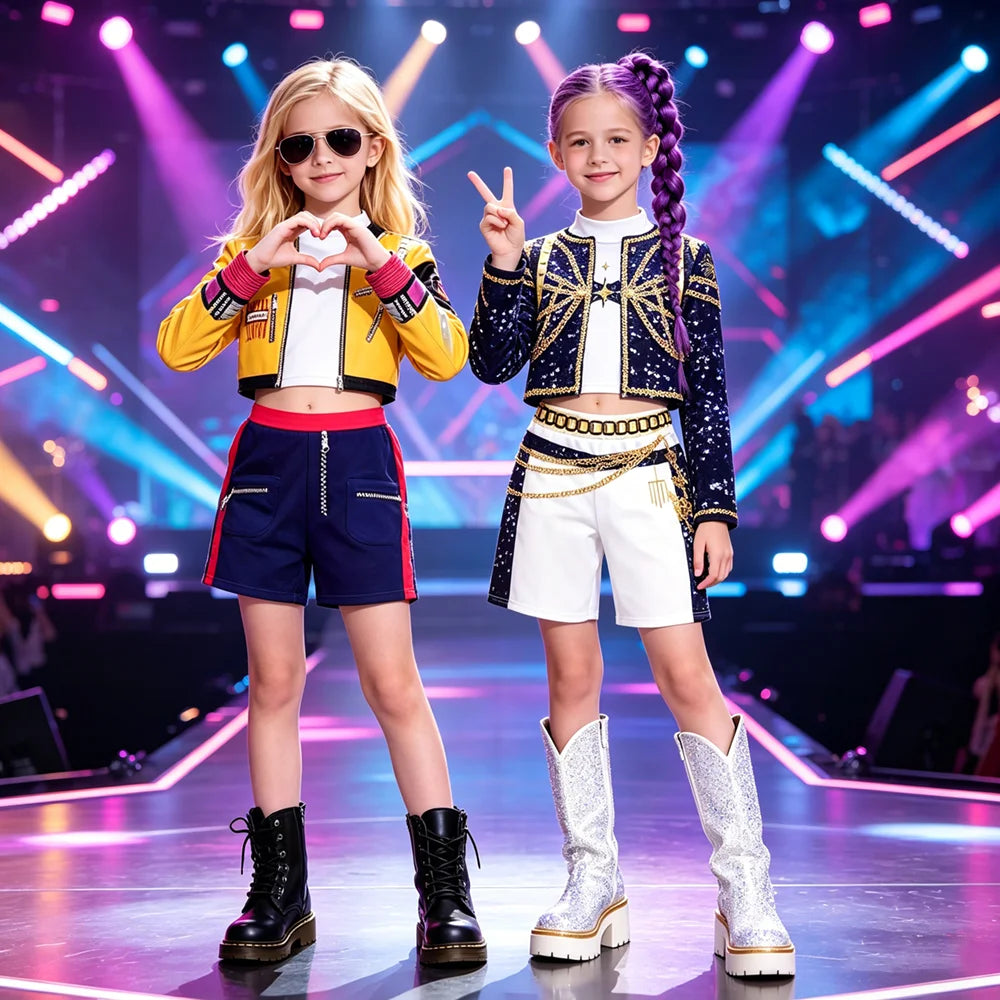 2026 Kids Girl Kpop Stage Performance Costume Hip Hop Outfit Cropped Jacket+Shorts 2PCS/Sets Streetwear Idol Concert Dance Party
