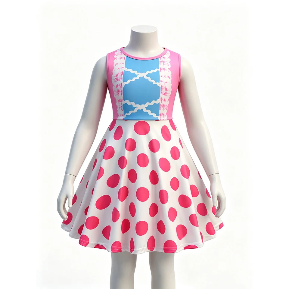 Hot Little Girls Polka Dot Sleeveless Princess Bo Peep Dress Halloween Cosplay Toy Movie Performance Carnival Party Kids Clothes
