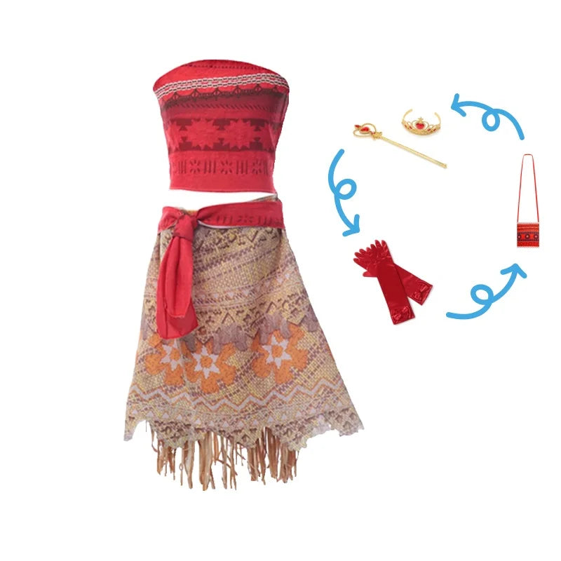 Girls Outfit Moana Cosplay Children's Costume Party Princess Dress Summer Casual Beach Dress Necklace Wig Set Party Dresses