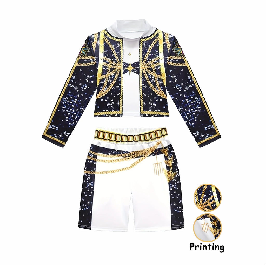 2026 Kids Girl Kpop Stage Performance Costume Hip Hop Outfit Cropped Jacket+Shorts 2PCS/Sets Streetwear Idol Concert Dance Party