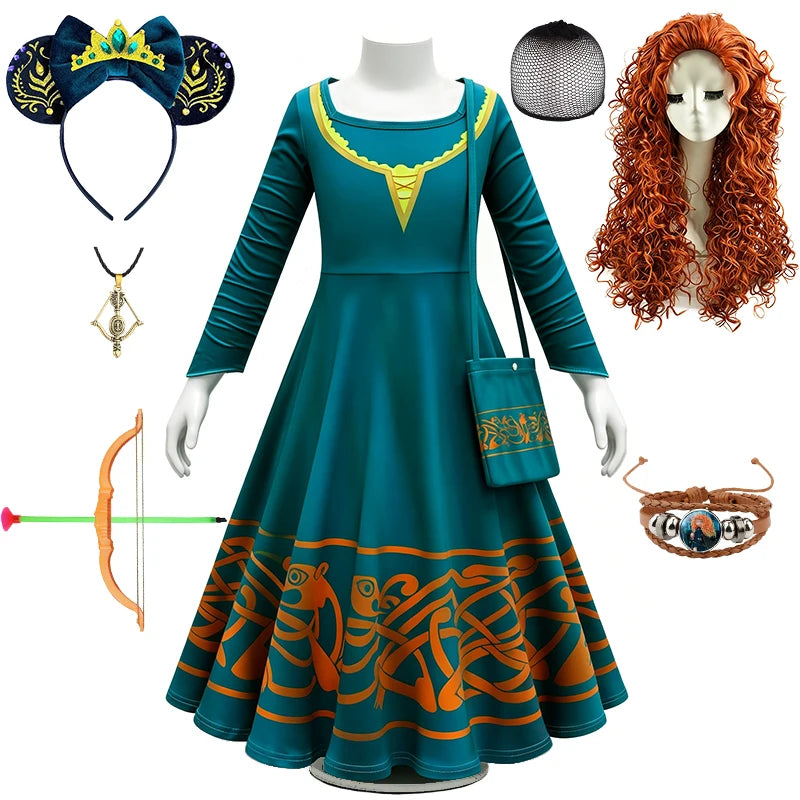 Brave Princess Merida Girls Outfit Halloween Cosplay Performance Themed Event Children Costume Carnival Party Fairy Kids Clothes