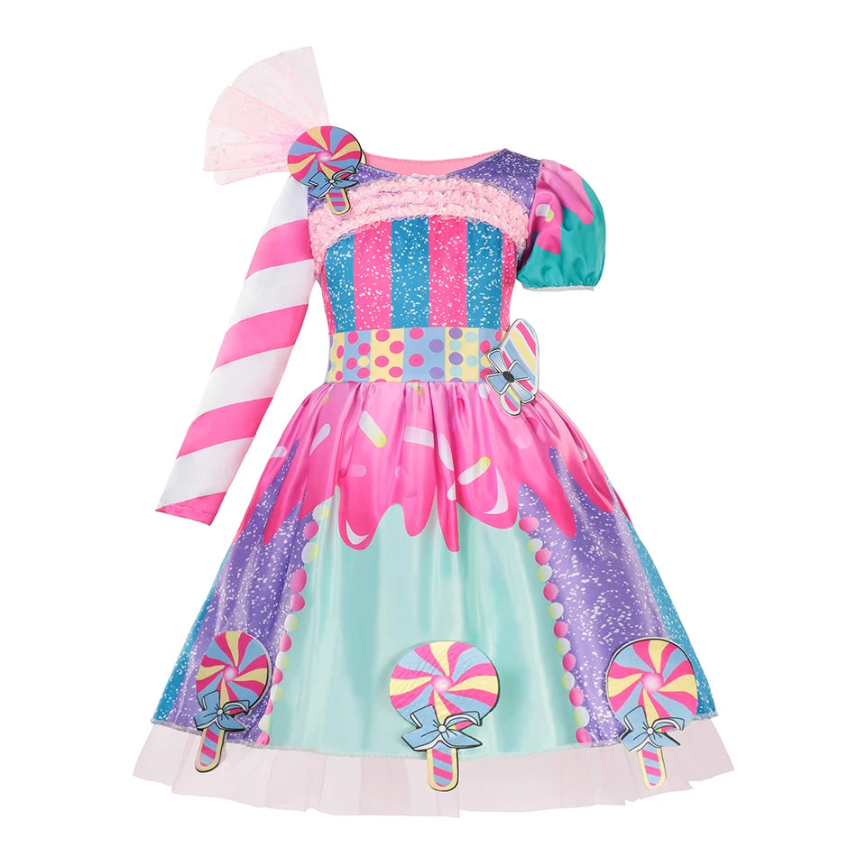 Girls Purim Festival Lollipop Costume Children's Puff Sleeve Candy Costume Kids Sweet Lollipop Print Birthday Party Dresses