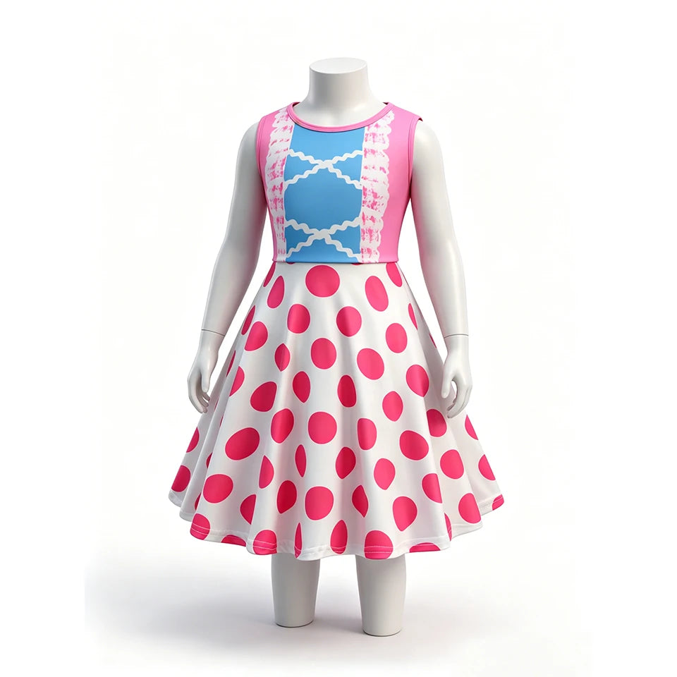 Hot Little Girls Polka Dot Sleeveless Princess Bo Peep Dress Halloween Cosplay Toy Movie Performance Carnival Party Kids Clothes