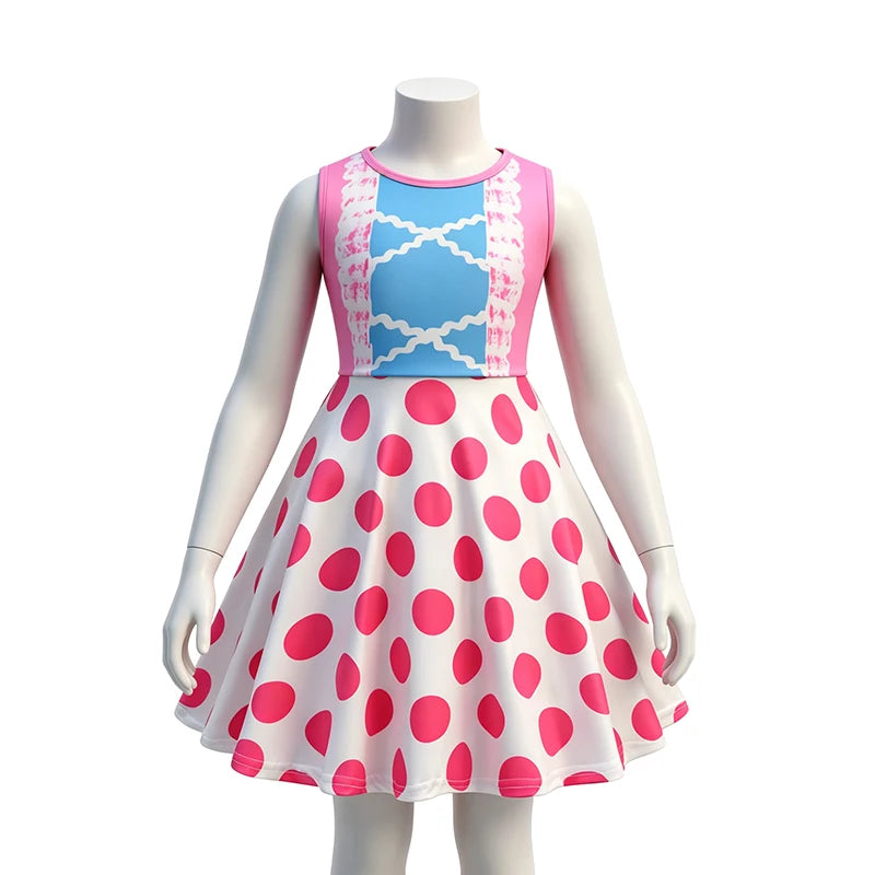Hot Little Girls Polka Dot Sleeveless Princess Bo Peep Dress Halloween Cosplay Toy Movie Performance Carnival Party Kids Clothes