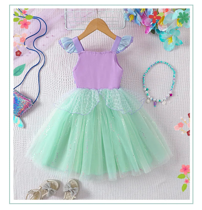 Sequin Performance Costume Girl Princess Dresses Sling Mesh Skirt Birthday Girl Dress Mermaid Themed Party Girl Clothes