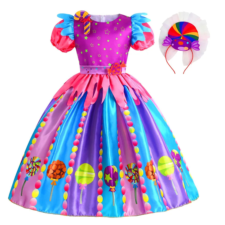 Girls Purim Festival Lollipop Costume Children's Puff Sleeve Candy Costume Kids Sweet Lollipop Print Birthday Party Dresses