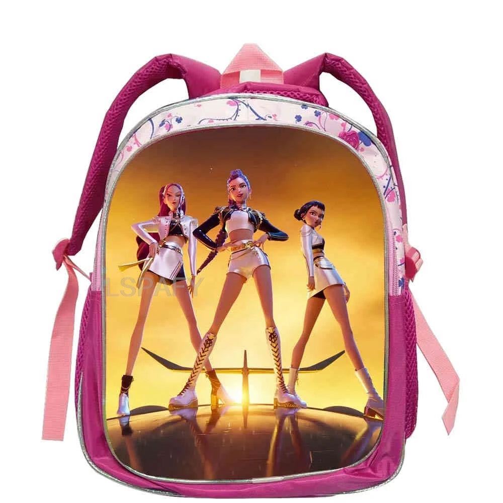 KPop Demon Hunters School Bags Rumi Mira Zoey 12inch Boys Girls Backpack Soft Pink Mochilas Cartoon School Bags
