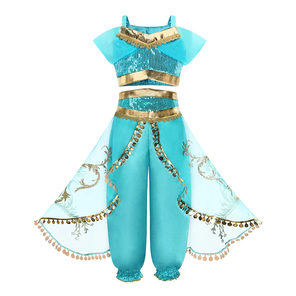 Girls Jasmine Elf Dress Kids Cosplay Fancy Flowers Christmas Birthday Costume Carnival Disguise Princess Party Clothes 2-10T