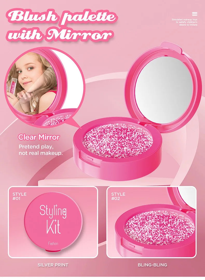 Girl’s pretend home make-up set: faux manicure, lip color, eye shadow, non-washable princess-themed cosmetics and toys.