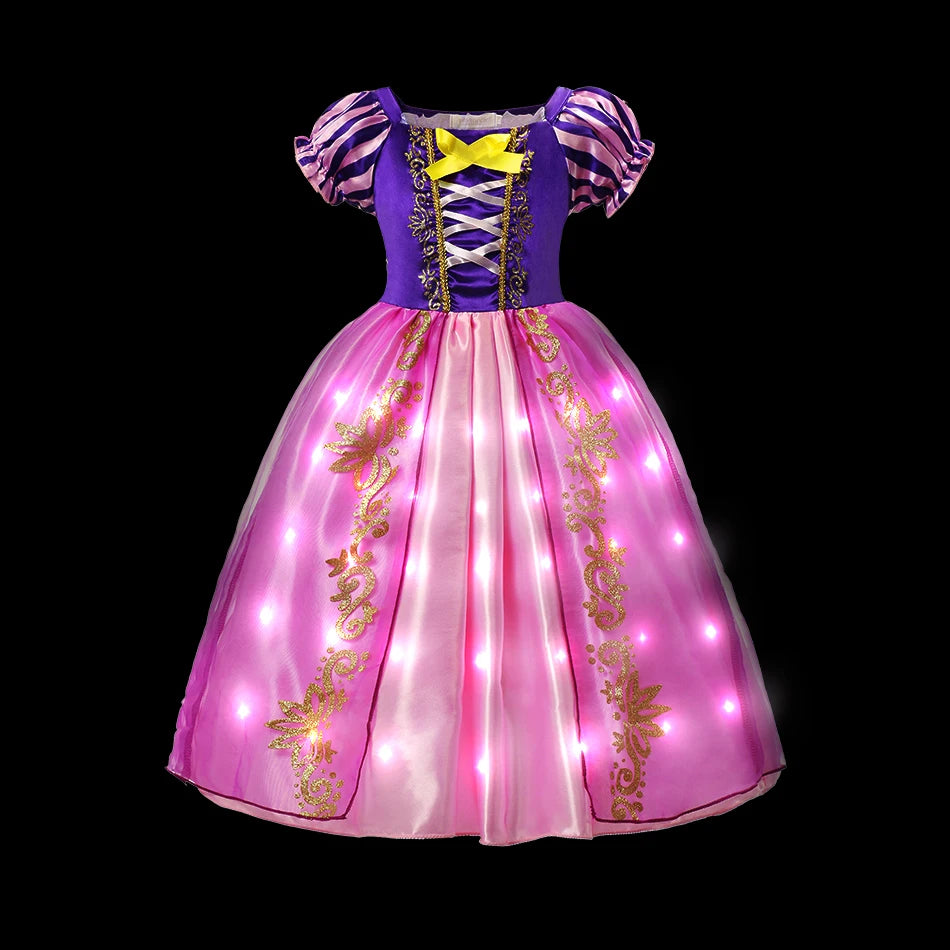 Girl Elsa Anna Princess Dress with LED Light Up Costume for Kids Cosplay Party Clothes Rapunzel Aurora Outfit Carnival Prom Gown