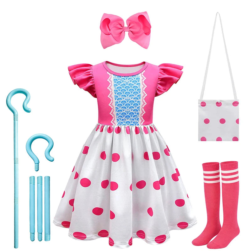 Fancy Little Girl Bo Peep Costume Pink Polka Dot Dress Halloween Cosplay Birthday Party Children's Costume Carnival Kids Clothes