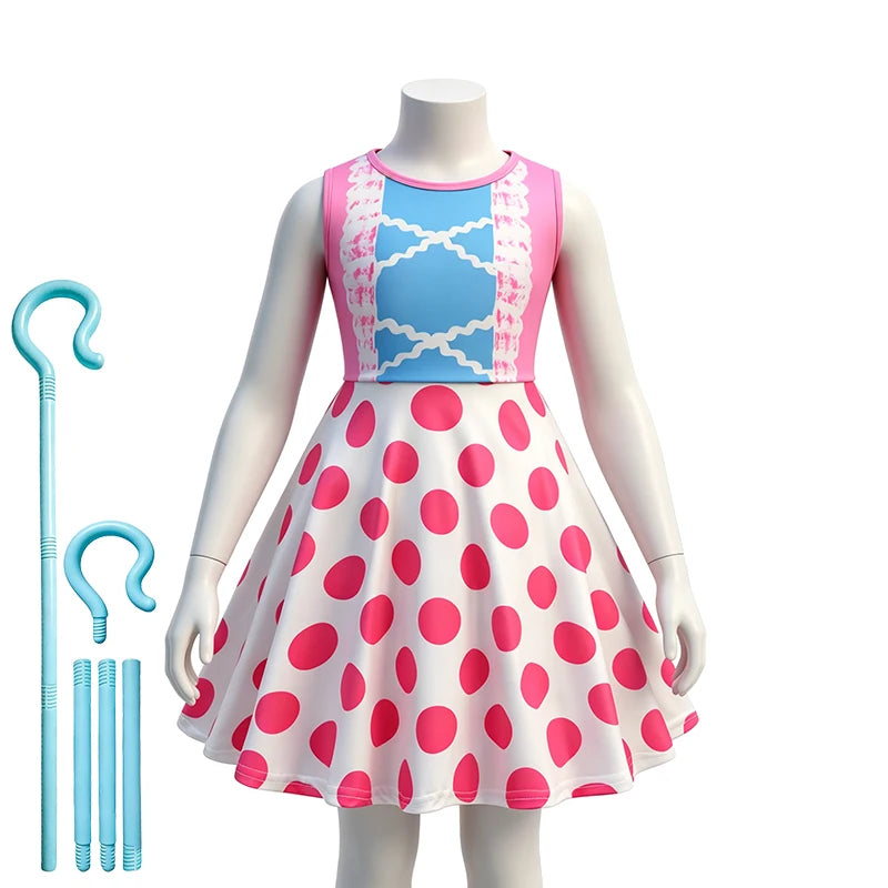 Hot Little Girls Polka Dot Sleeveless Princess Bo Peep Dress Halloween Cosplay Toy Movie Performance Carnival Party Kids Clothes
