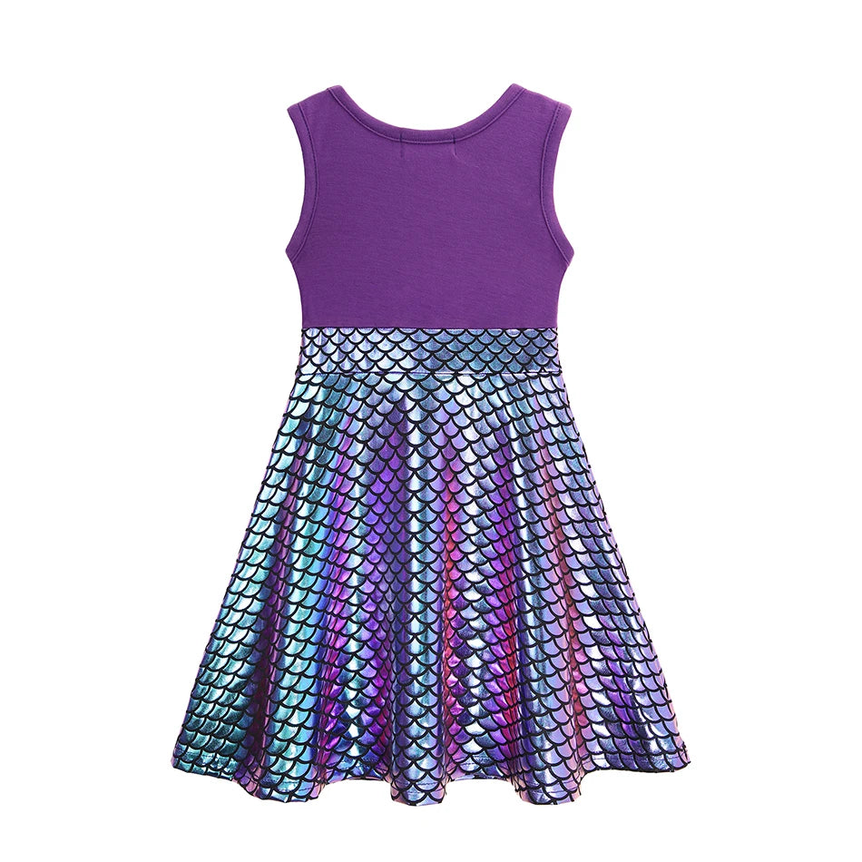 Kids Girl Mermaid Sleeveless Dress Summer A-Line Casual Patchwork Skirt Sequin Bow Cotton Baby Kids Princess Clothing 2-8T