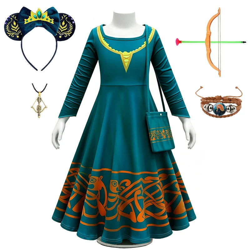 Brave Princess Merida Girls Outfit Halloween Cosplay Performance Themed Event Children Costume Carnival Party Fairy Kids Clothes