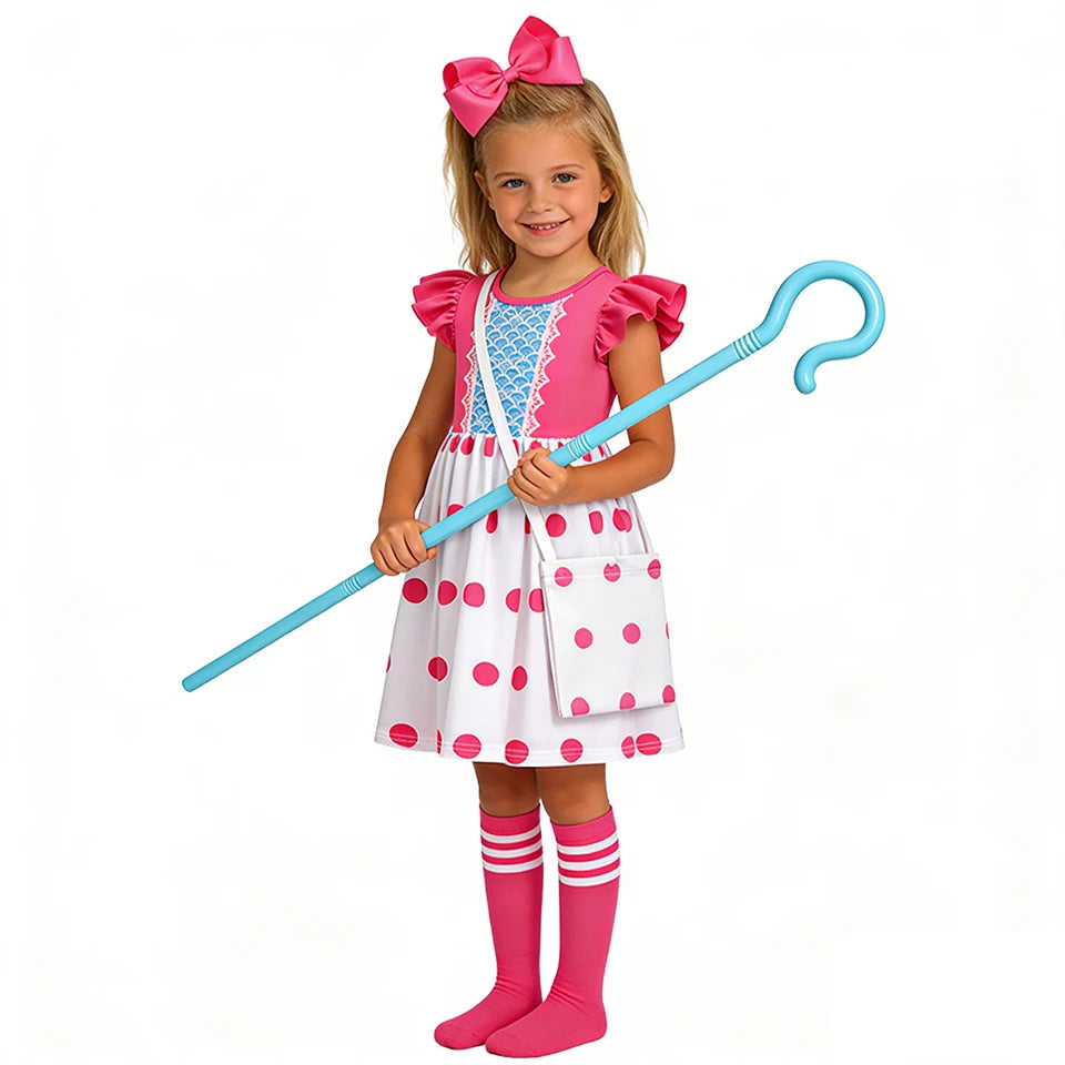 Fancy Little Girl Bo Peep Costume Pink Polka Dot Dress Halloween Cosplay Birthday Party Children's Costume Carnival Kids Clothes