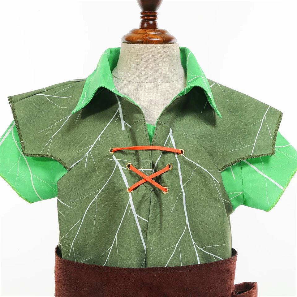 Peter Pan Prince Green Forest Elf Boys Outfit Halloween Cosplay Party Adventure Children Costume Fairy Tale Themed Kids Clothes