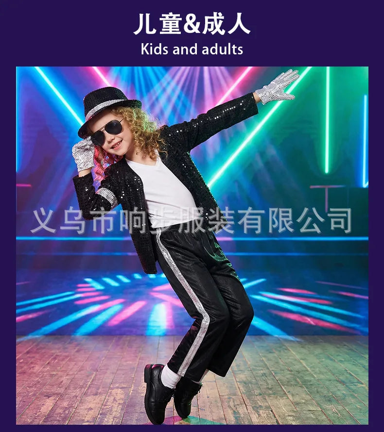 Kids Cosplay Dance Star Costume Set Metallic Shiny 80s 90s Stage Party Outfit Boy Girl Clothing Children Michael Jackson Costume