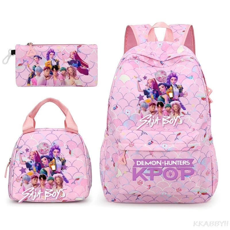 Fashion KPop Demon Hunters Backpacks 3pcs Rumi Mira Zoey HUNTR/ Boys School Bags For Women Girls Kawaii Capacity Mochilas