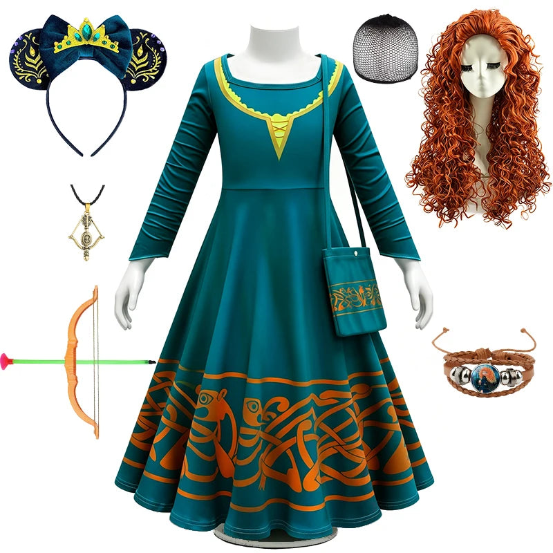 Brave Princess Merida Girls Outfit Halloween Cosplay Performance Themed Event Children Costume Carnival Party Fairy Kids Clothes